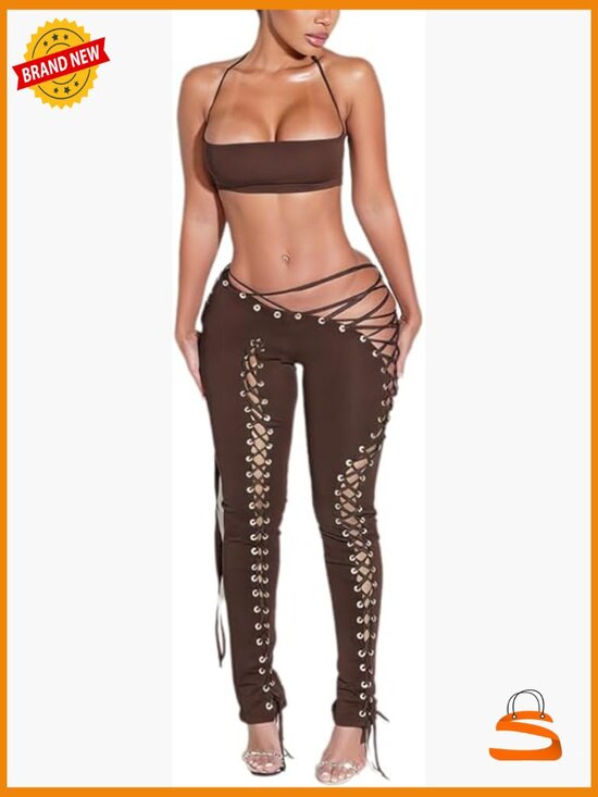 Pants - Women's Two Piece Halter Crop Top & Lace Up High Waist Pants Set